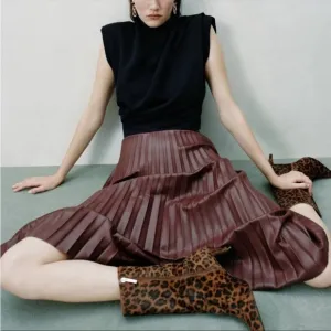 ZARA Maroon Brown Tone Pleated Asymmetrical Hem Midi Faux Leather Skirt NWT