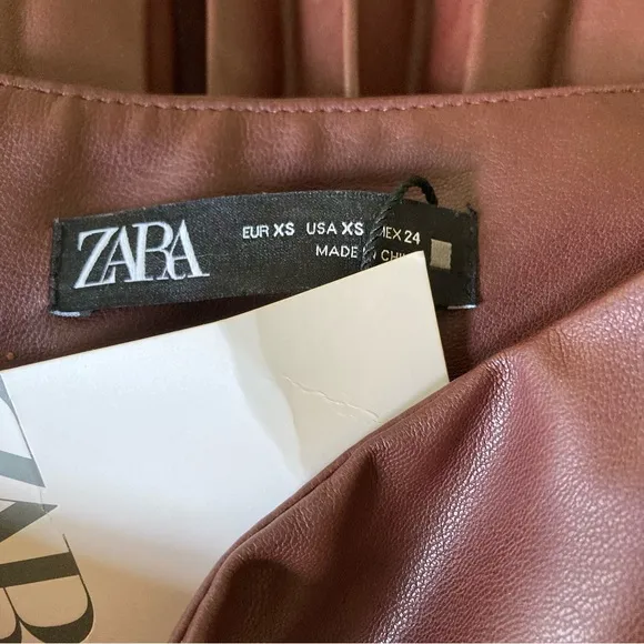 ZARA Maroon Brown Tone Pleated Asymmetrical Hem Midi Faux Leather Skirt NWT