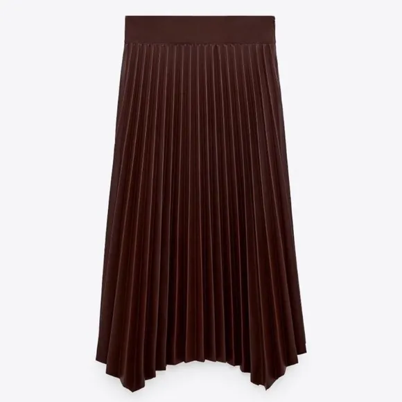 ZARA Maroon Brown Tone Pleated Asymmetrical Hem Midi Faux Leather Skirt NWT