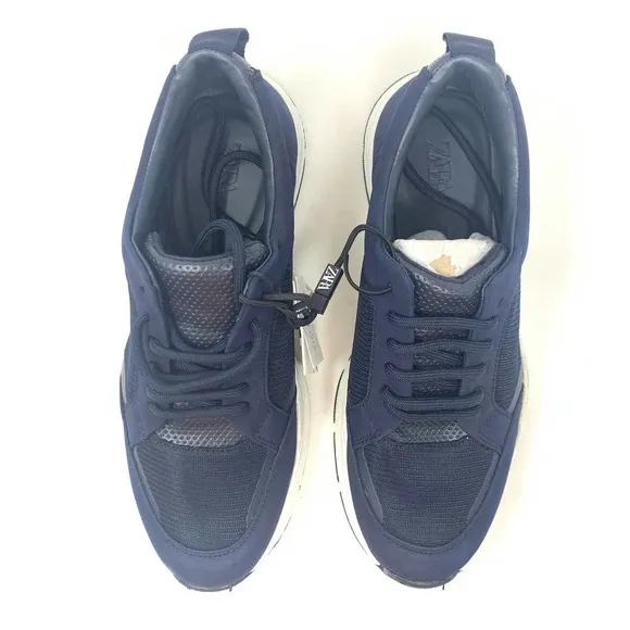 Zara Men's Contrasting Mesh &amp; Faux Leather Sneakers in Navy Blue Size US 6