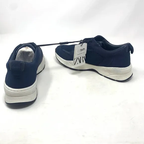 Zara Men's Contrasting Mesh &amp; Faux Leather Sneakers in Navy Blue Size US 6