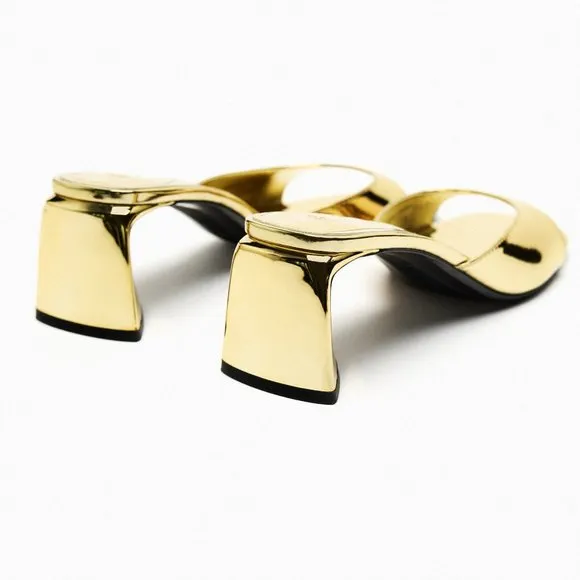 Zara Metallic Block Heel Sandals Gold NWT