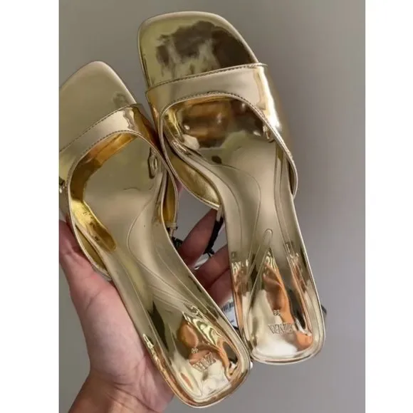 Zara Metallic Block Heel Sandals Gold NWT