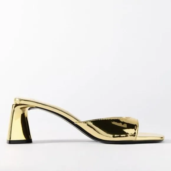 Zara Metallic Block Heel Sandals Gold NWT