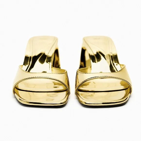 Zara Metallic Block Heel Sandals Gold NWT