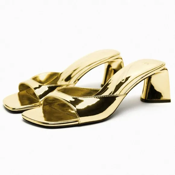 Zara Metallic Block Heel Sandals Gold NWT