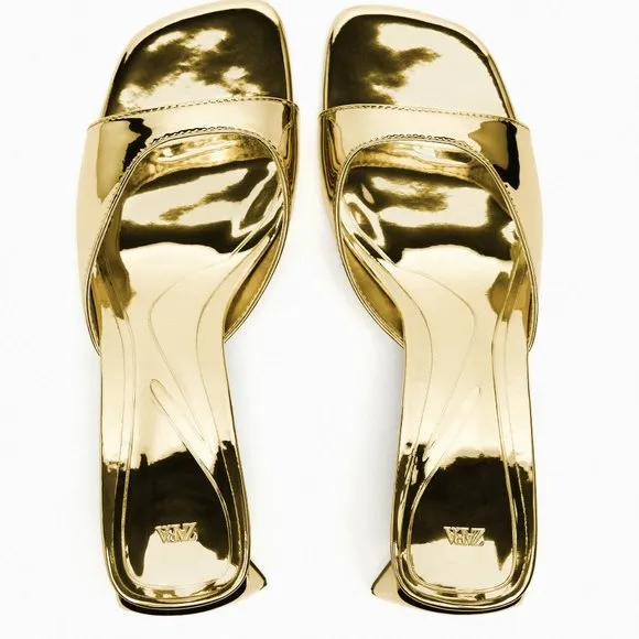 Zara Metallic Block Heel Sandals Gold NWT