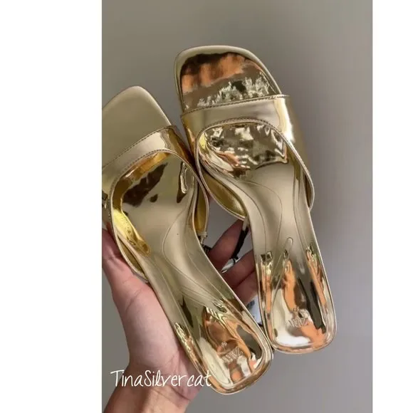 Zara Metallic Block Heel Sandals Gold NWT