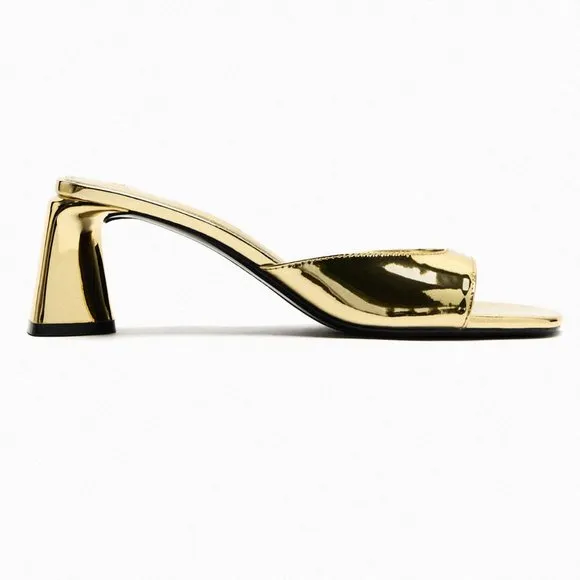 Zara Metallic Block Heel Sandals Gold NWT