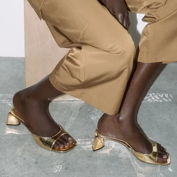 Zara Metallic Block Heel Sandals Gold NWT