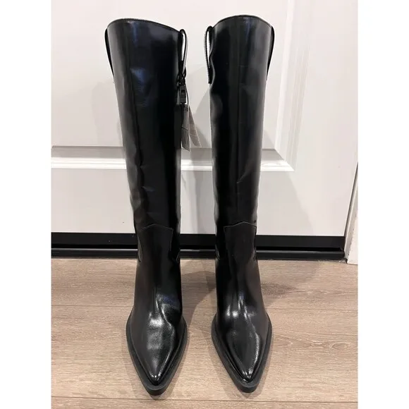 ZARA NEW WOMAN KNEE HIGH COWBOY-HEEL BOOTS BLACK SIZE US 9 EUR 40 Ref. 3006/410