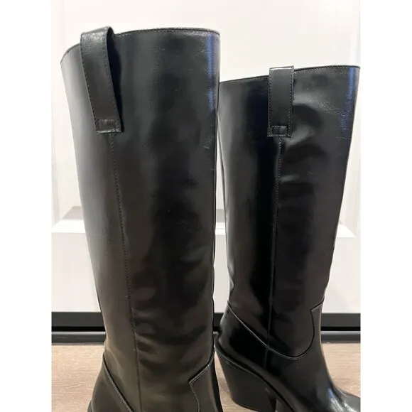 ZARA NEW WOMAN KNEE HIGH COWBOY-HEEL BOOTS BLACK SIZE US 9 EUR 40 Ref. 3006/410