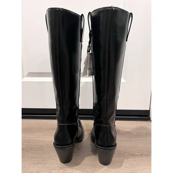 ZARA NEW WOMAN KNEE HIGH COWBOY-HEEL BOOTS BLACK SIZE US 9 EUR 40 Ref. 3006/410