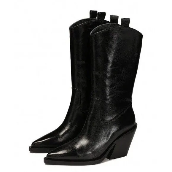 ZARA NEW WOMAN KNEE HIGH COWBOY-HEEL BOOTS BLACK SIZE US 9 EUR 40 Ref. 3006/410