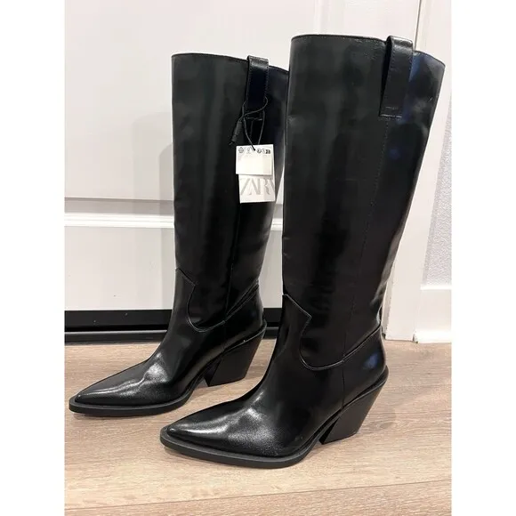 ZARA NEW WOMAN KNEE HIGH COWBOY-HEEL BOOTS BLACK SIZE US 9 EUR 40 Ref. 3006/410