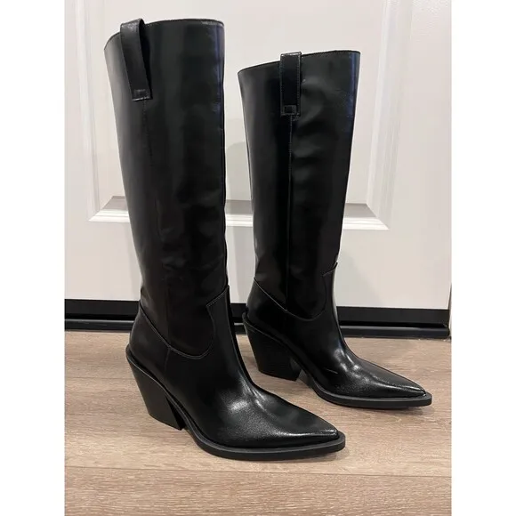 ZARA NEW WOMAN KNEE HIGH COWBOY-HEEL BOOTS BLACK SIZE US 9 EUR 40 Ref. 3006/410