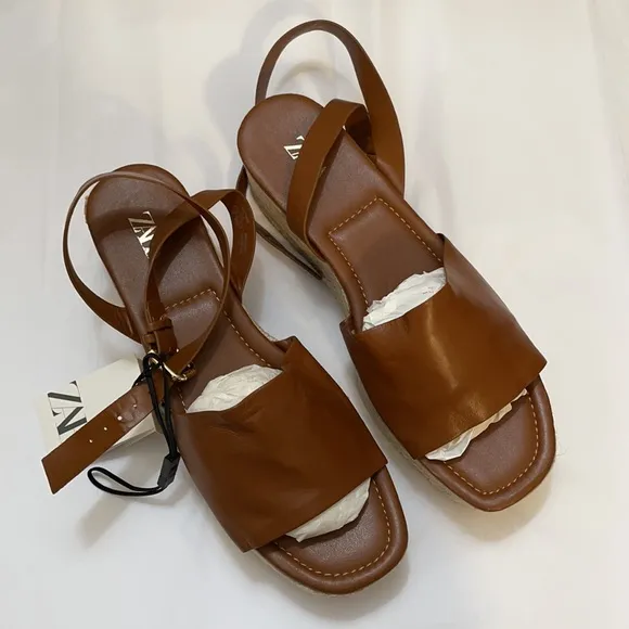 ZARA Platform Wedge Ankle Strap Leather Sandals