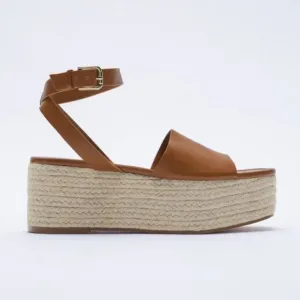 ZARA Platform Wedge Ankle Strap Leather Sandals