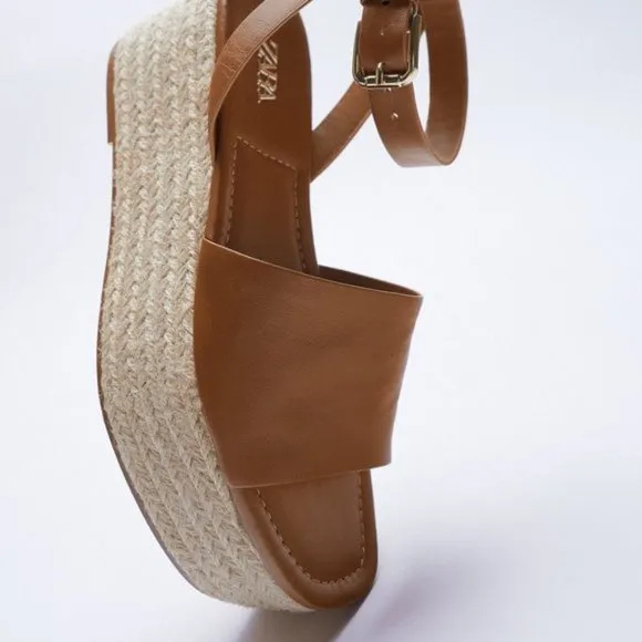 ZARA Platform Wedge Ankle Strap Leather Sandals