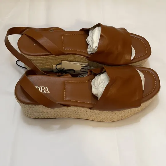 ZARA Platform Wedge Ankle Strap Leather Sandals