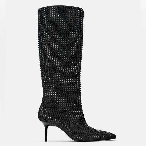 Zara RHINESTONE HEELED DENIM BOOTS BLACK Size 37/6.5 NEW