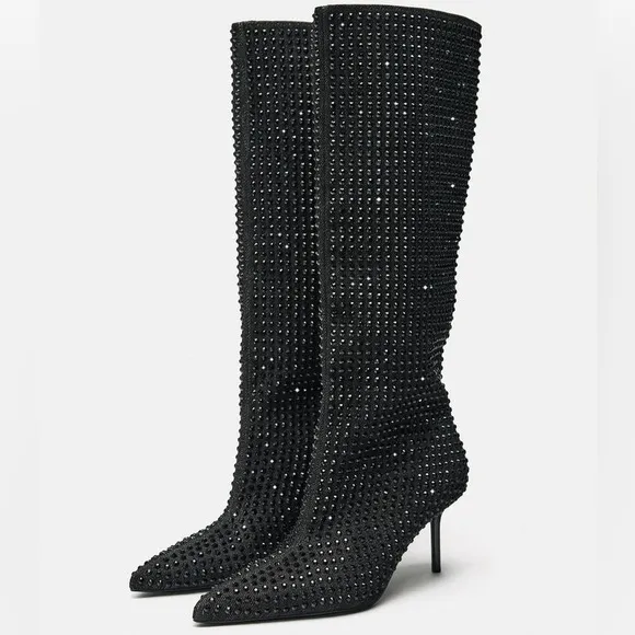 Zara RHINESTONE HEELED DENIM BOOTS BLACK Size 37/6.5 NEW