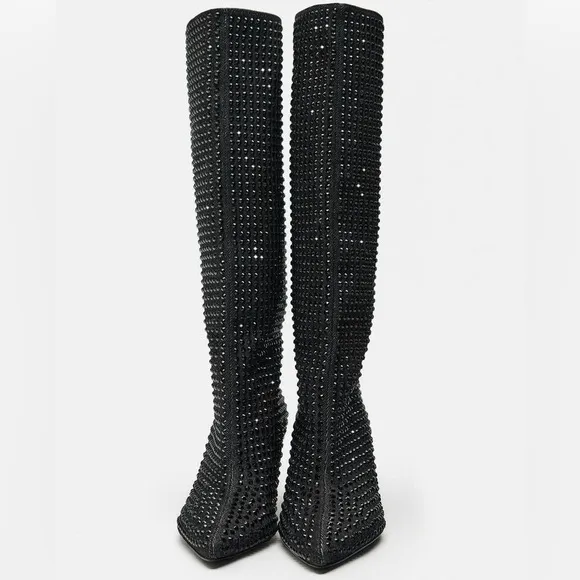 Zara RHINESTONE HEELED DENIM BOOTS BLACK Size 37/6.5 NEW