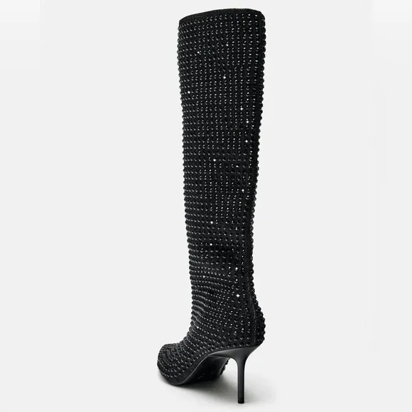 Zara RHINESTONE HEELED DENIM BOOTS BLACK Size 37/6.5 NEW