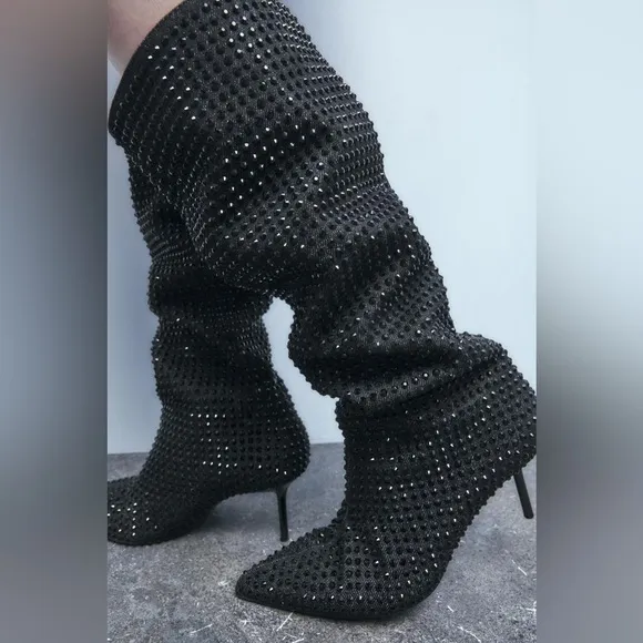 Zara RHINESTONE HEELED DENIM BOOTS BLACK Size 37/6.5 NEW