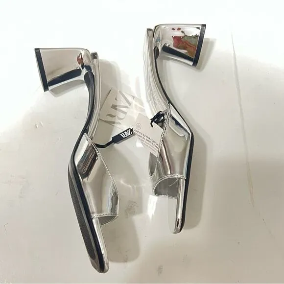 Zara Silver Shiny METALLIC BLOCK HEEL SANDALS Size 6.5 US