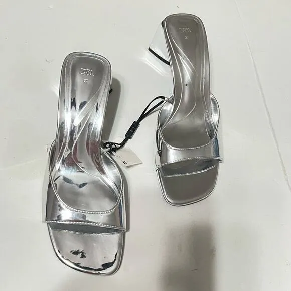 Zara Silver Shiny METALLIC BLOCK HEEL SANDALS Size 6.5 US