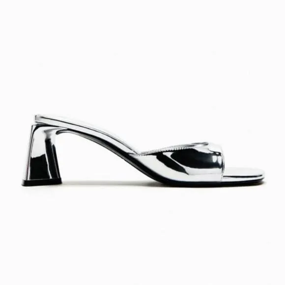 Zara Silver Shiny METALLIC BLOCK HEEL SANDALS Size 6.5 US