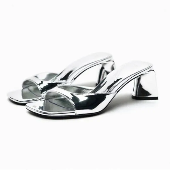 Zara Silver Shiny METALLIC BLOCK HEEL SANDALS Size 6.5 US