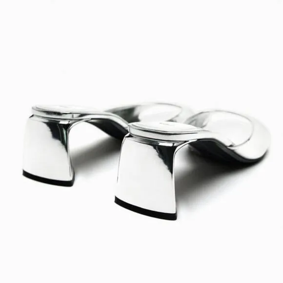 Zara Silver Shiny METALLIC BLOCK HEEL SANDALS Size 6.5 US