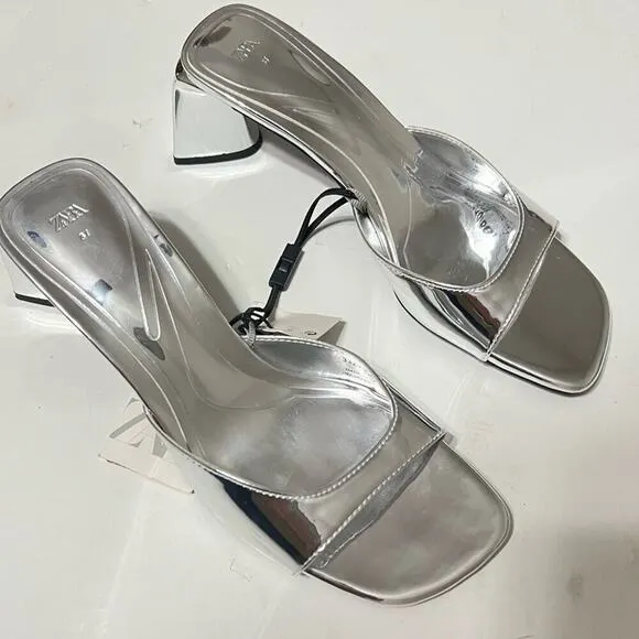 Zara Silver Shiny METALLIC BLOCK HEEL SANDALS Size 6.5 US