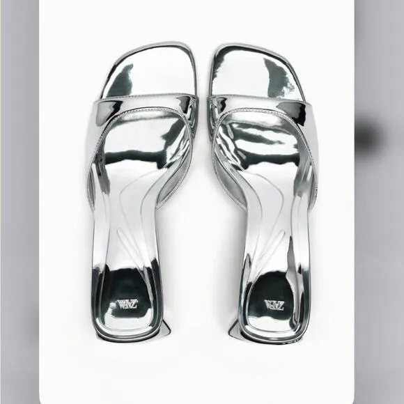 Zara Silver Shiny METALLIC BLOCK HEEL SANDALS Size 6.5 US