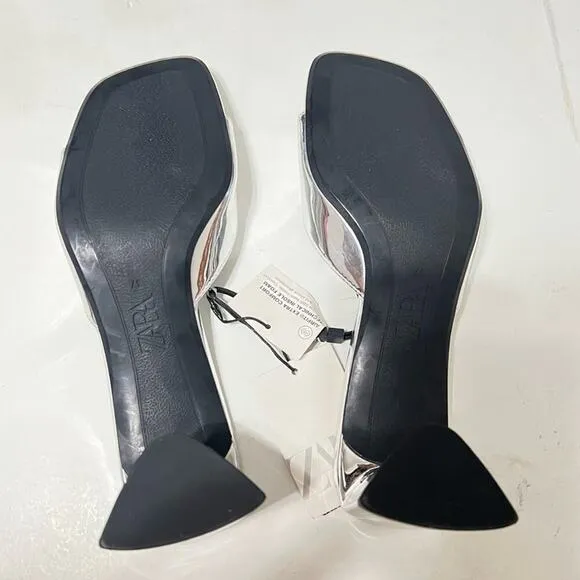 Zara Silver Shiny METALLIC BLOCK HEEL SANDALS Size 6.5 US