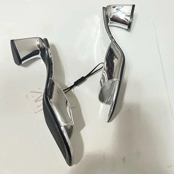 Zara Silver Shiny METALLIC BLOCK HEEL SANDALS Size 6.5 US