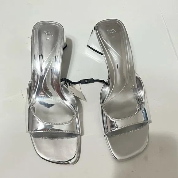 Zara Silver Shiny METALLIC BLOCK HEEL SANDALS Size 6.5 US