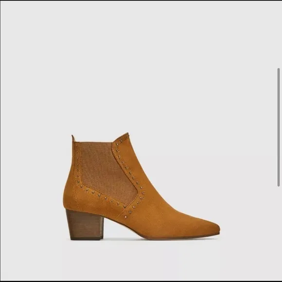 Zara Studded Suede Leather Heeled Ankle Boot