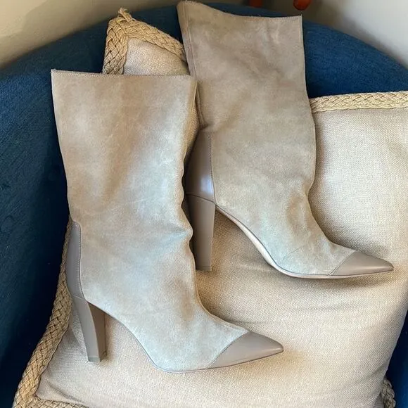 ZARA Tan Suede Mid Height Shaft Heeled Boots