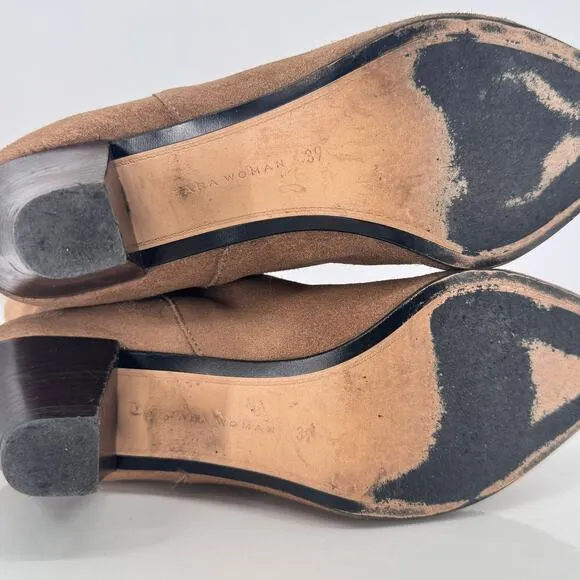 Zara Womens Soft Suede Beige Geometric Heels Ankle Boots Sz 8 Boho Western