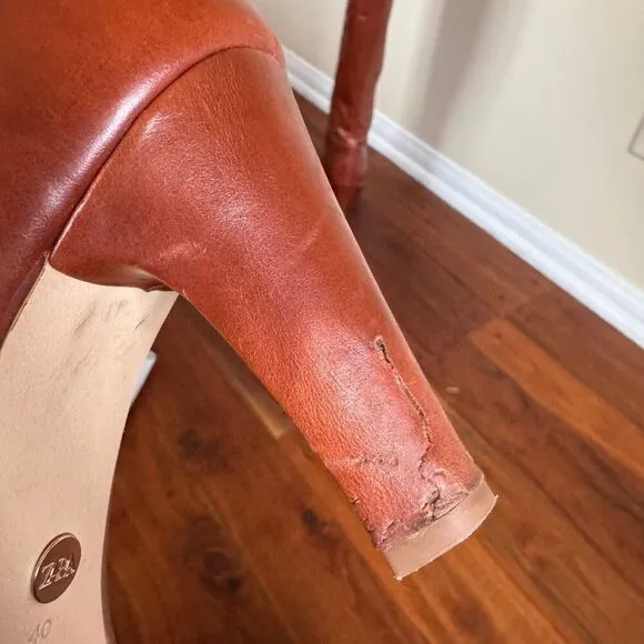 Zara Knee High Mid Height Brown Leather Heeled Boots