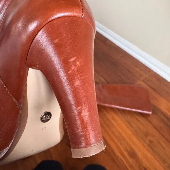 Zara Knee High Mid Height Brown Leather Heeled Boots