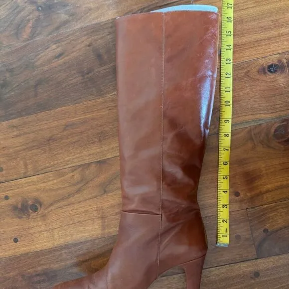 Zara Knee High Mid Height Brown Leather Heeled Boots