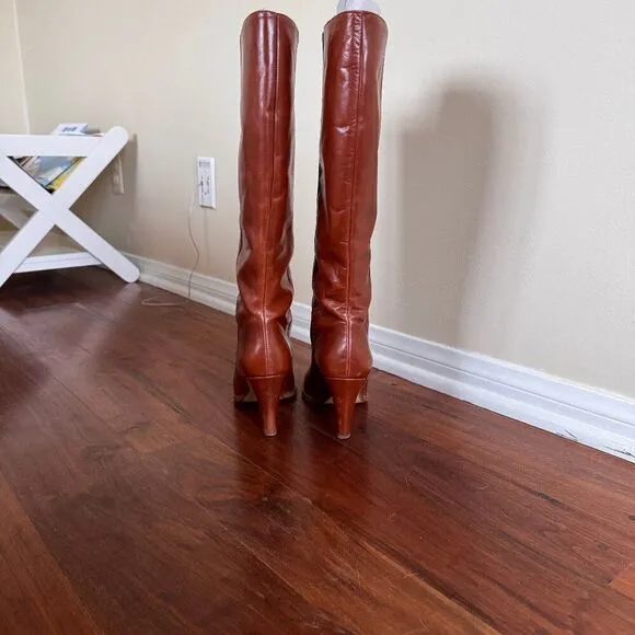 Zara Knee High Mid Height Brown Leather Heeled Boots