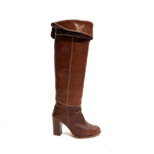 ZODIAC | Vintage 1970s brown leather over the knee logo fabric heeled boots