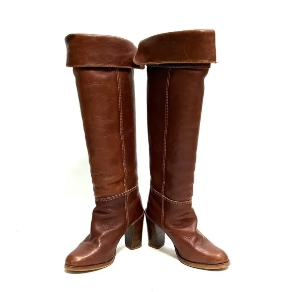ZODIAC | Vintage 1970s brown leather over the knee logo fabric heeled boots